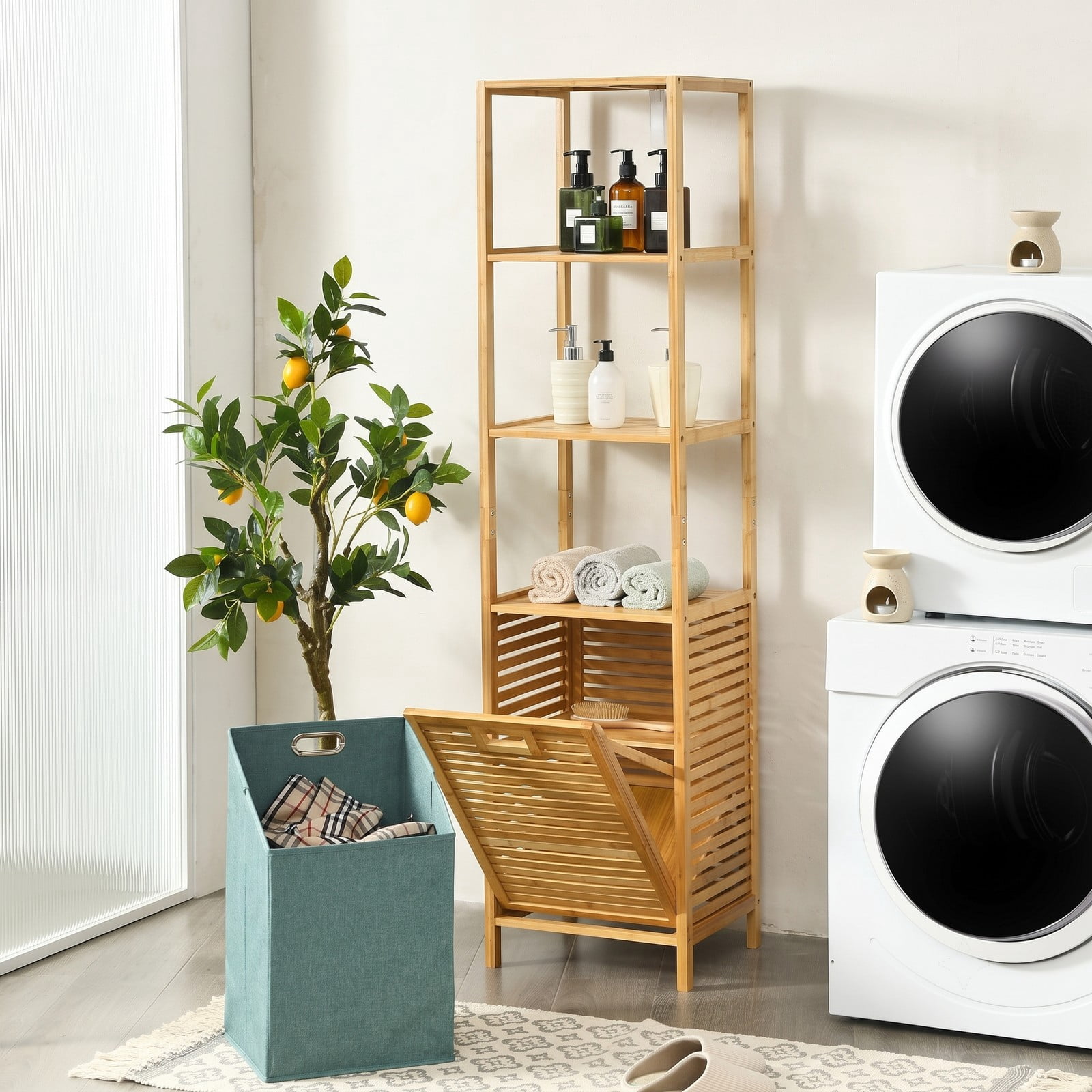 Fenbeli Bamboo Tower Laundry Hamper Organizer with 3-Tier Storage Shelves, Tilt-Out Oxford Basket, 2-in-1 Freestanding Bathroom Linen Cabinet for Closet, Natural