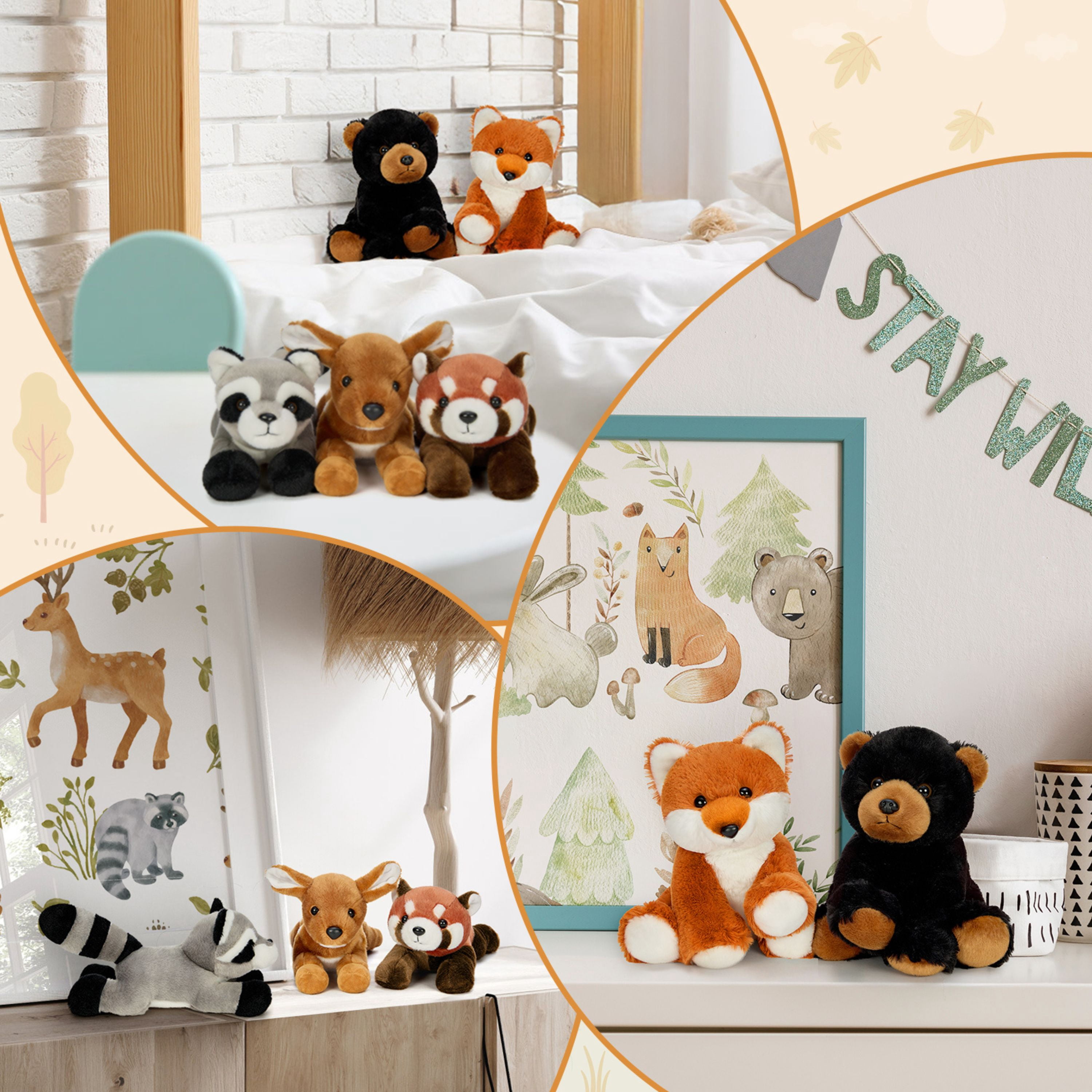 Muiteiur 5 Pieces Woodland Stuffed Animals Bulk Stuffed Animals Plush Toy(Bear/Fox/Sika Deer/Raccoon/Red Panda)