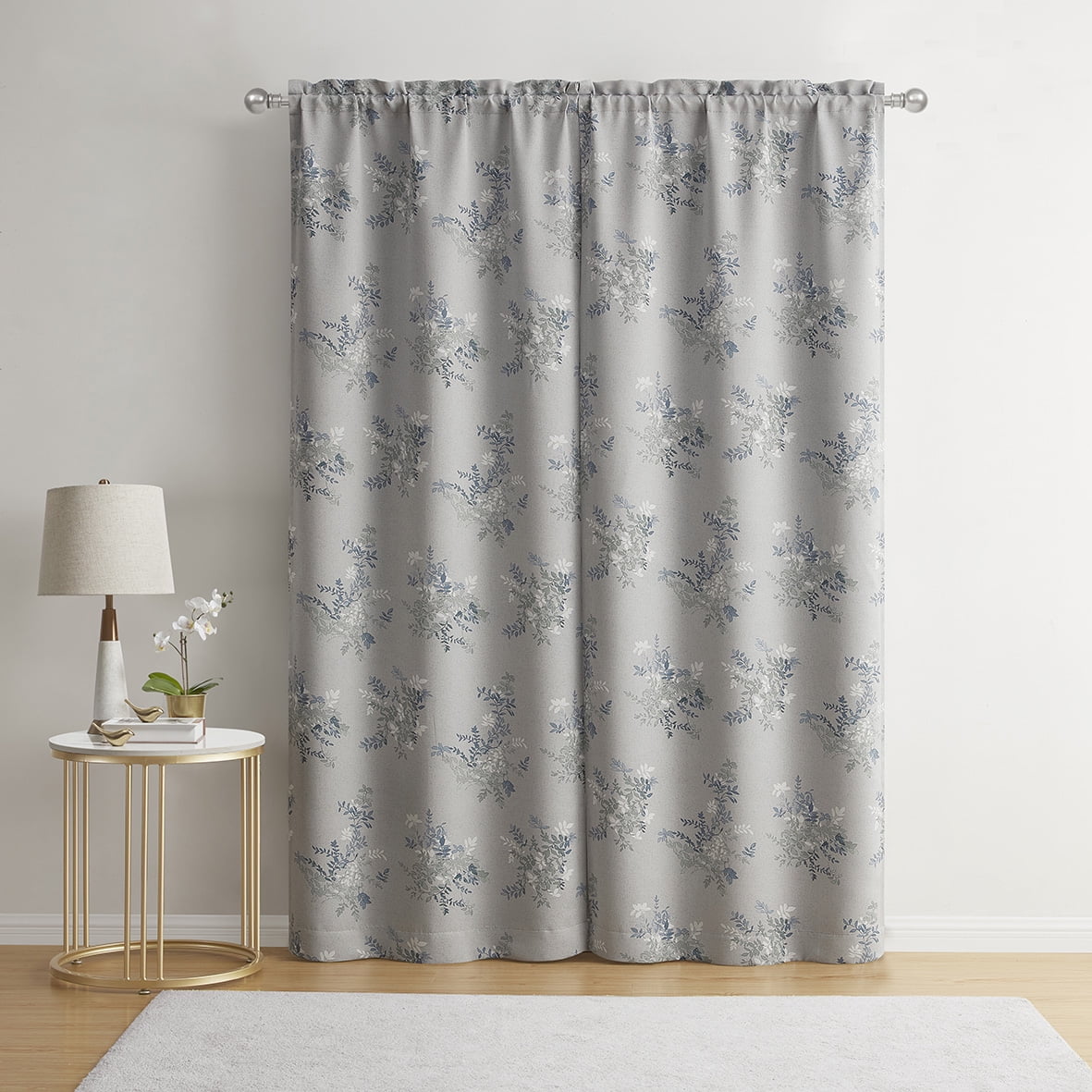 Mainstays Blackout Curtain Panel Pair, Set of 2, Botanical Print Gray, 30"W x 84"L