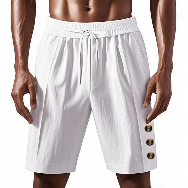 Mens Elástico de la Cintura Pantalones Cortos Color Sólido Botón Cordón Pantalones Cortos de Lino, Versátil Moda Pantalones Casuales para los Hombres, Lavado a Mano Primavera Verano