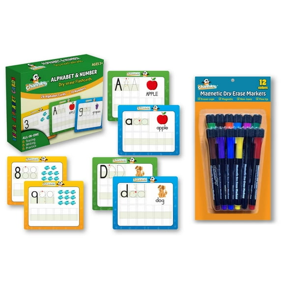 Channie's DRY ERASE KIT: Dry Erase Alphabet & Number Flash Cards & Dry Erase Magnetic Markers 12 Pack, Pre-K, Kindergarten ABC 123 Learning