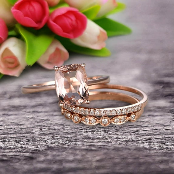 Trio Set Art Deco 2.30 Carat 7mm Cushion Cut Morganite Engagement Ring Wedding Set On 10k Rose Gold Shining Startling Ring Anniversary Gift