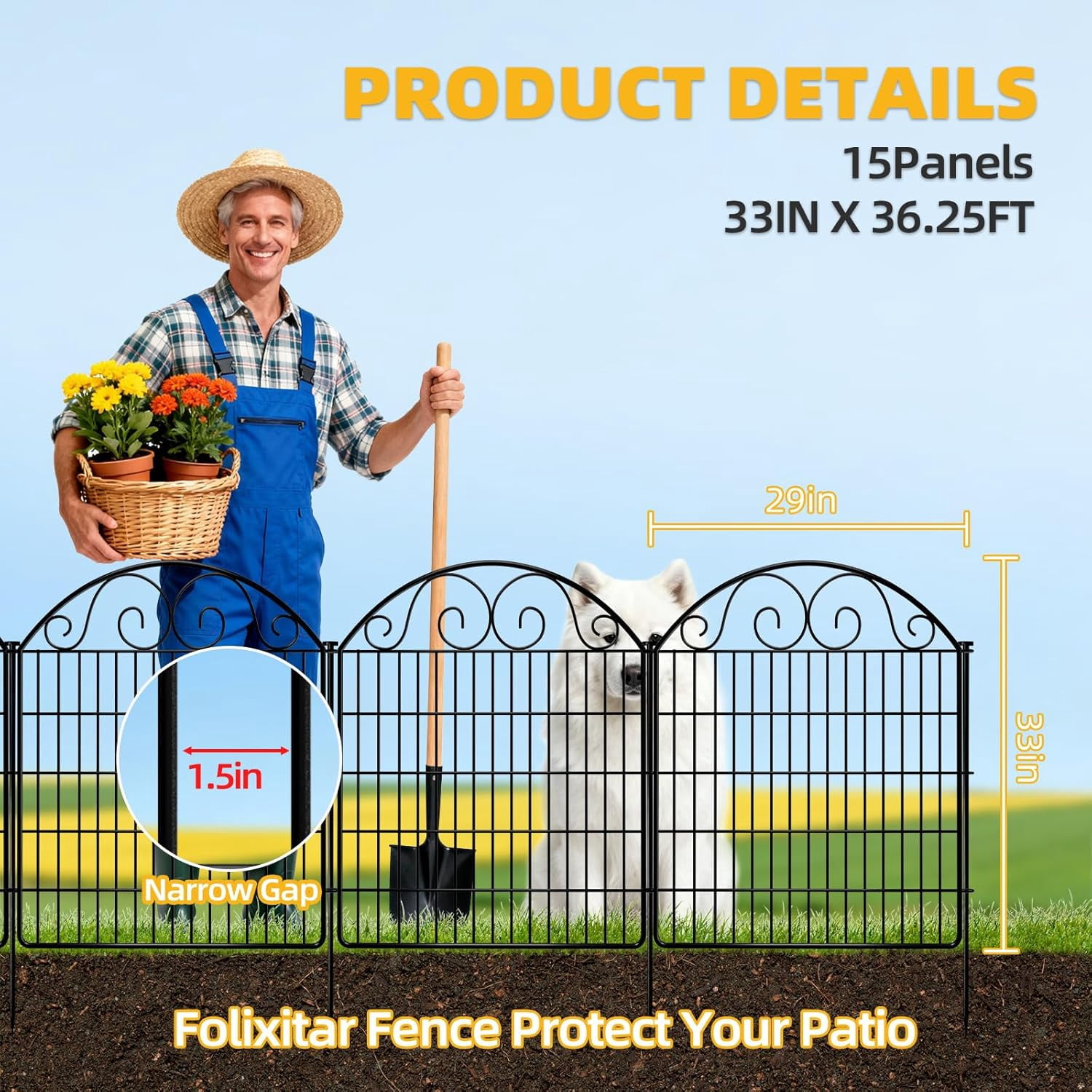 No Dig Decorative Garden Dog Fence Outdoor for Yard, Animal Barrier Fenceing Panels, Rustproof Ground Stakes Temporary Wire Screen for Patio