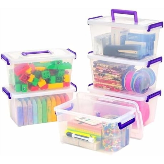 5 Qt. Plastic Craft Storage Container Bins with Lids, 6 Pack, Small Art & Office Supply Organizer Tote, Sensory Bins & Boxes for Home & University, Stackable, Carry Handle, Clear