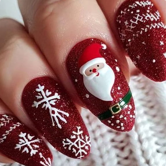 24PCS Red Glittering Oval False Nails Christmas Santa Snowflake Artwork for Holiday Gatherings