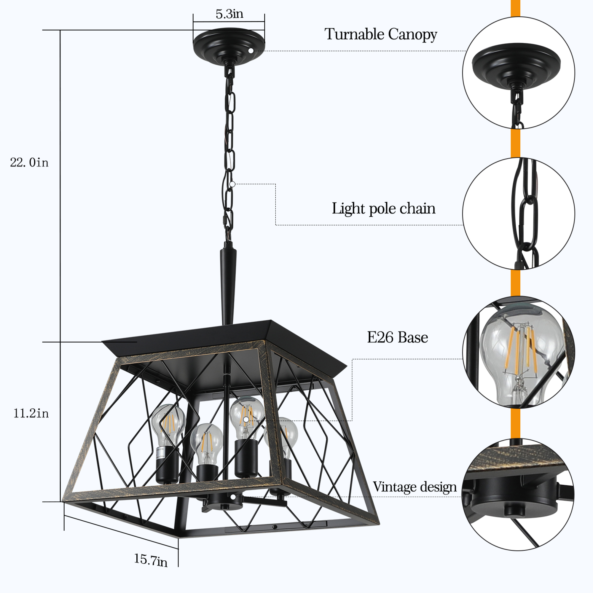 Jopath 16" Industrial 4-Light Pendant Chandelier, Modern Metal Cage Design, Adjustable Hanging Light for Dining Room, Kitchen, Living Room Black+Gold (No Bulbs)