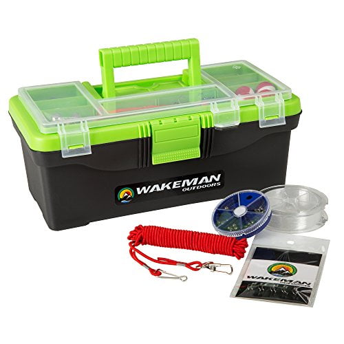 Fishing Single Tray Tackle Box- 55 Piece Tackle Gear Kit Includes Sinkers,  Hooks Lures Bobbers Swivels and Fishing Line By Wakeman Outdoors Lime Green  