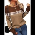 thumbnail image 1 of Suéteres de Otoño para Mujer, con Rayas y Bloques de Color, Cuello Redondo, Suéteres de Moda para Invierno. Caqui L, 1 of 5