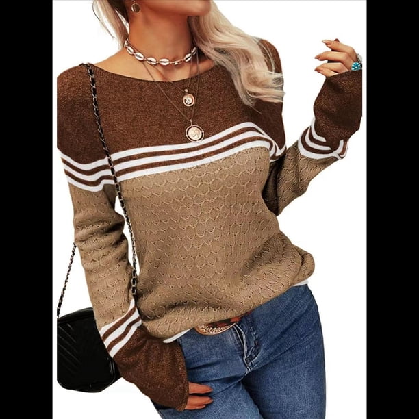 Suéteres de Otoño para Mujer, con Rayas y Bloques de Color, Cuello Redondo, Suéteres de Moda para Invierno. Caqui S