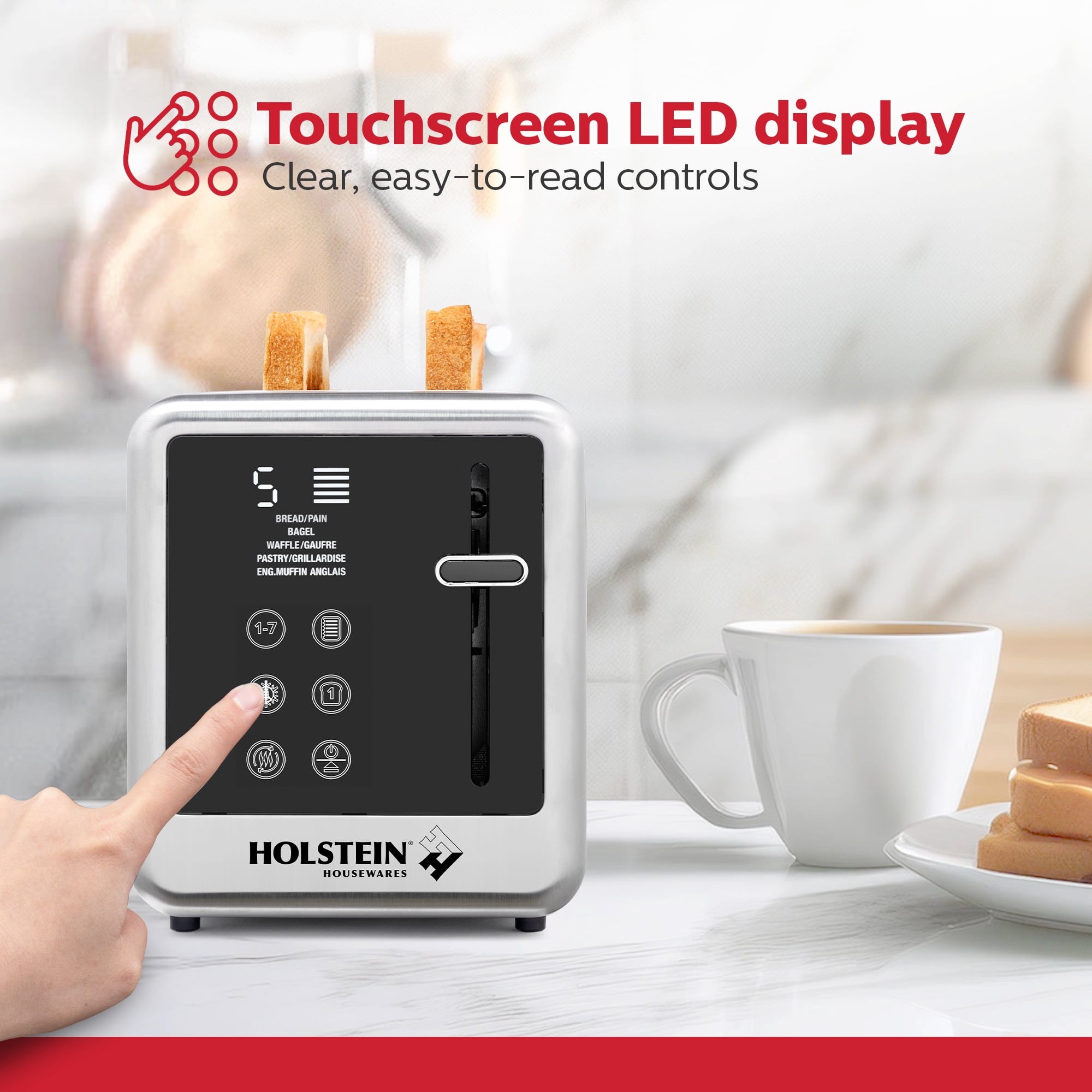 Holstein Housewares 2-Slice Digital Toaster with LED Display, Extra-Wide Slots, High-Lift Bread Release, Reheat and Defrost Functions, Compact Design, and Removable Crumb Tray