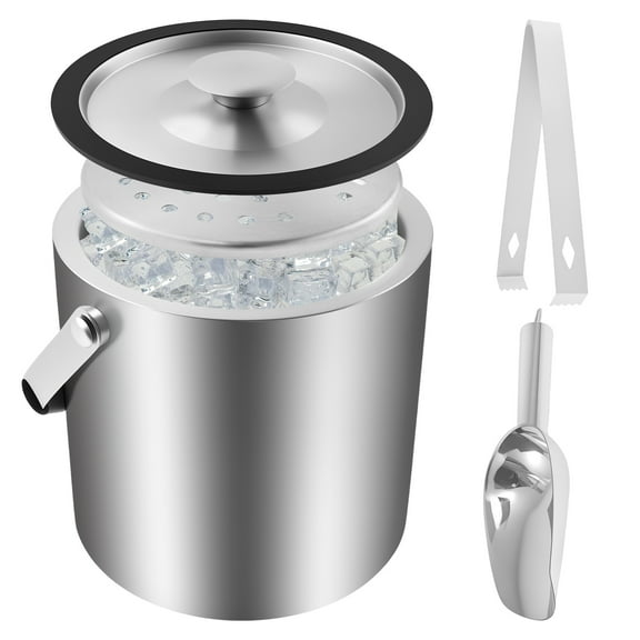 3L Double Tier Ice Bucket with Lid for Party Stainless Steel Insulated Ice Container with Scoop Tong Strainer for Bar Picnic Barbecue