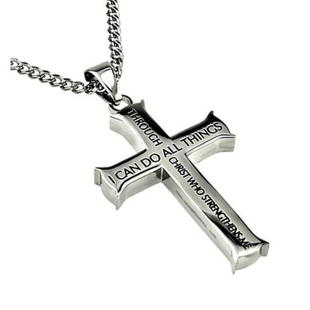 Philippians 4:13 Jewelry Cross Necklace STRENGTH Bible Verse Stainless Steel Curb