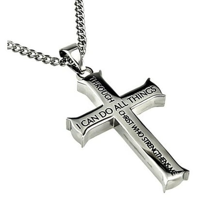 - Philippians 4:13 Jewelry Cross Necklace STRENGTH Bible Verse Stainless Steel 20 inch Curb Chain