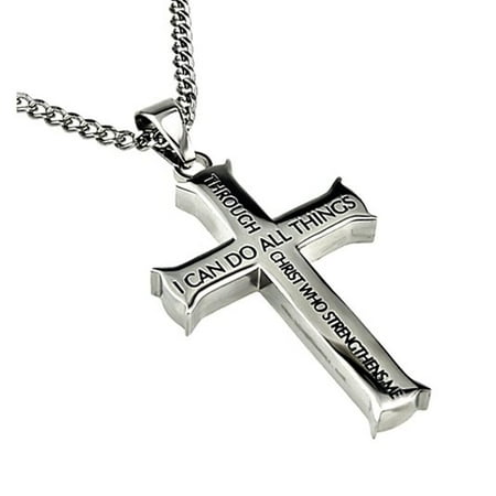 Philippians 4:13 Jewelry Cross Necklace STRENGTH Bible Verse Stainless Steel Curb (2 Chainz Best Verses)