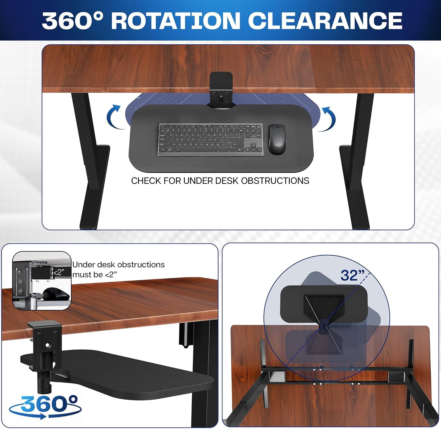 Clamp-on 23 x 10 Inch Rotating Computer Keyboard and Mouse Tray, Extra Sturdy Desk Swivel Clamp, Ergonomic Typing, Black, MOUNT-KB04CB