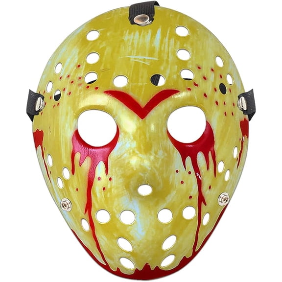 Halloween Bloody Mask Horror Hockey Mask Halloween Masquerade Party Cosplay Prop Costume Scary Funny Masks Yellow, 1 Pack (BONUS 1 FUN CHOPS)