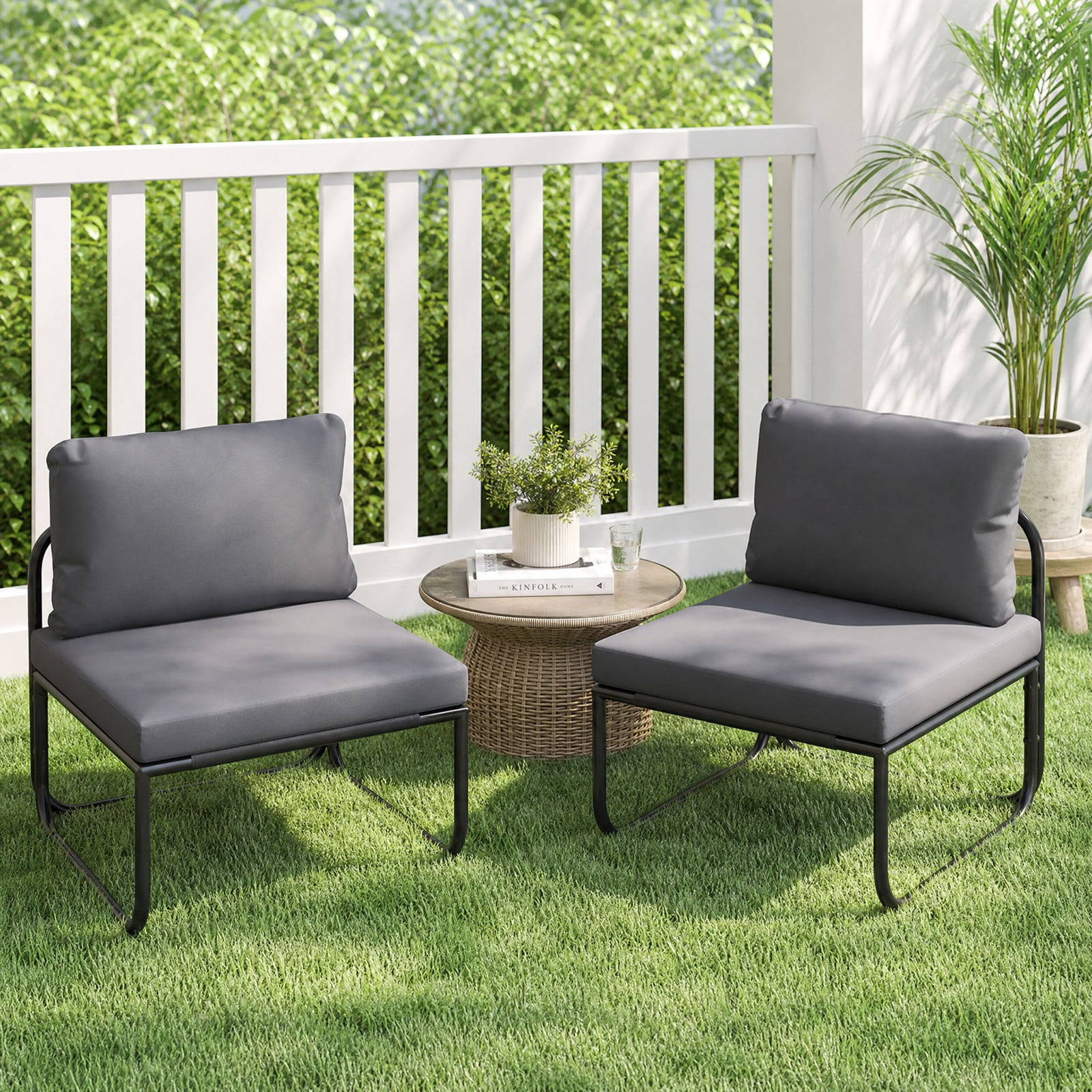 Furnibear Outdoor Patio Chairs Set of 2 with Removable Machine Washable Cushions Metal Frame and Adjustable Foot Pads for Backyard, Gray