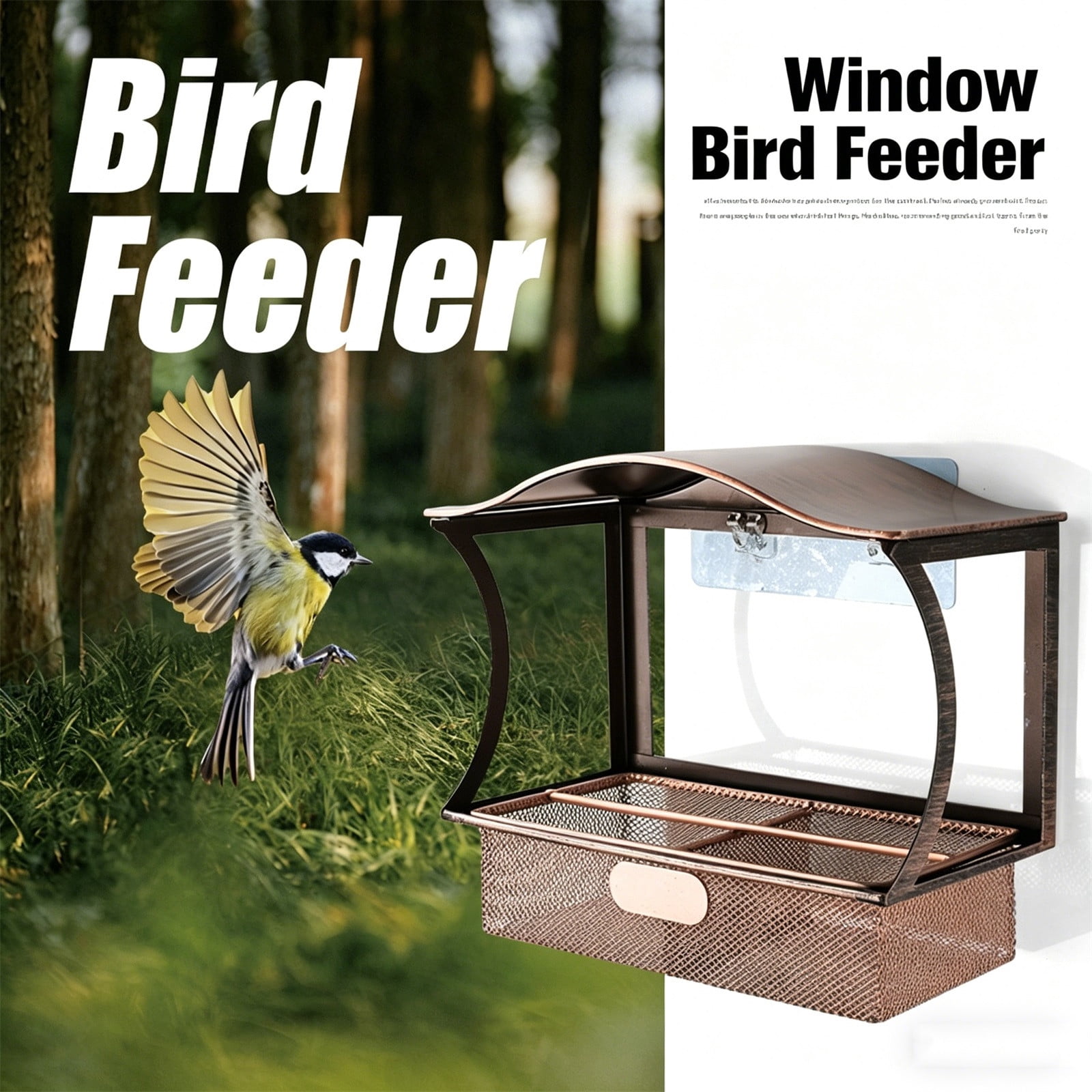 Window Metal Bird Feeder, Suction Cup Outdoor Feeding Tray, Rust Proof Iron Bird House with Ladder for Garden Yard Patio, 8.85x7.00in