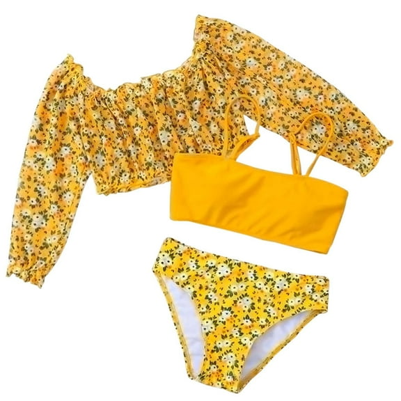 Fshinging Floral Long Sleeve Two Piece Girls Swimwear Set Kid's Cute Swim Suit Summer Beach Size 6-7