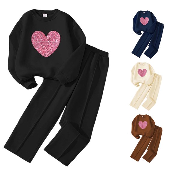 RUTAYY Girls Outfit Set Sparkly Heart Print Crew Neck Long Sleeve 2 Piece Sweatshirt Pants Casual Going Out Black