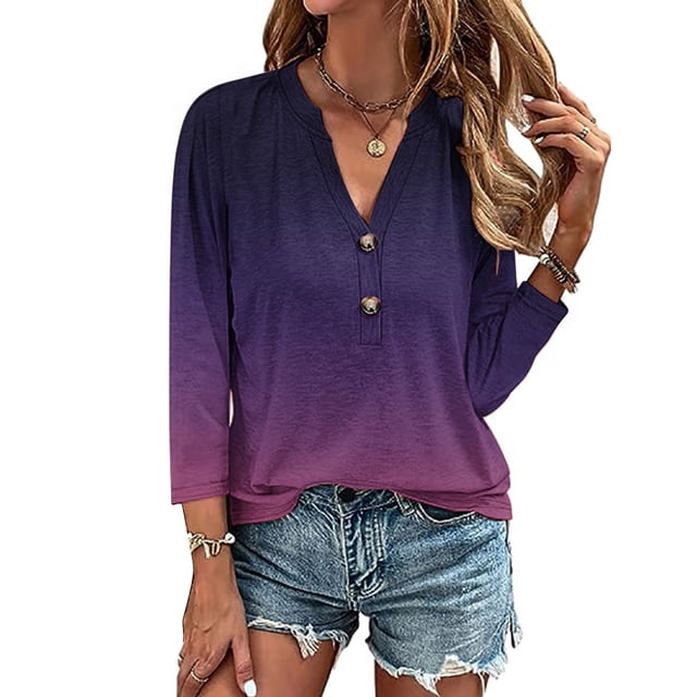 AOOCHASLIY Ladies' Clothes Clearances Womens 3/4 Sleeve V Neck Buttons Tee Gradient Color Blouse Loose Fit Tshirts Fall Tunic