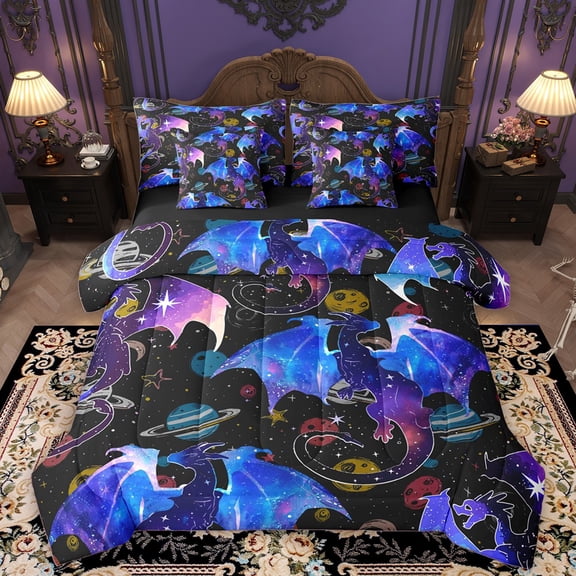 Homewish Animal Dragon 7-Piece Twin Bedding Sets For Kids Teens,Universe Planet Bedding Comforter Set,Abstract Gradient Galaxy Breathable Sheet Sets,Lightweight Room Decor,Reversible