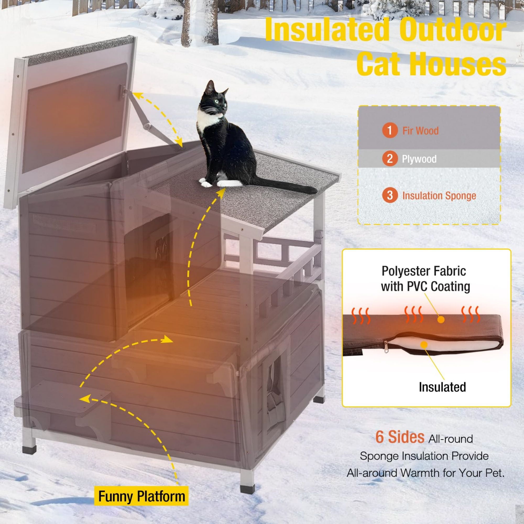 Aivituvin Insulated Outdoor Cat House with Insulated Liner, Winter Weatherproof Feral Cat Condo Shelter with Balcony, Gray