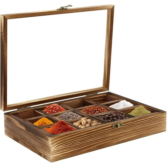 Wooden Spice Rack Organizer Storage Box Wooden Spice Box with 12 Containers Spice Fit Box 45ml/0.01gal Storage Box with Spoon and Glass Lid on Top Multi-Compartment Square Storage Box