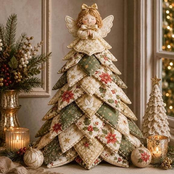 Quilted Christmas Tree Kit, Handmade Fabric Holiday Tree Decor | DIY Patchwork Sewing Craft Kit with Cute Topper Home Mantel Table Office Display