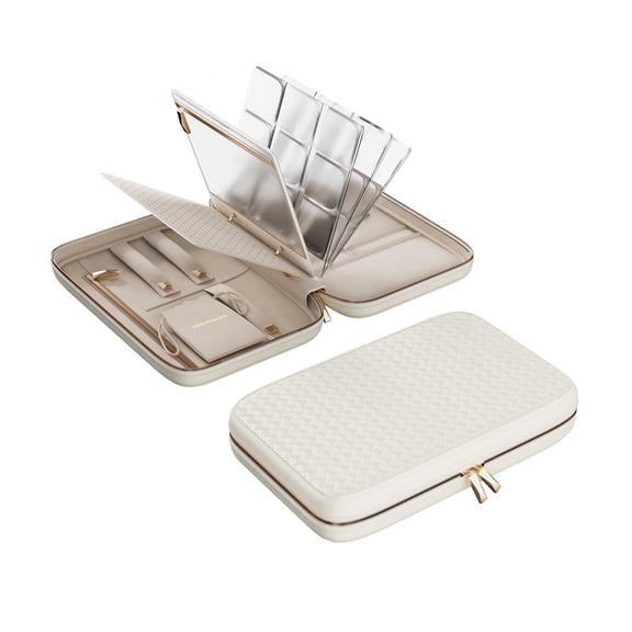 Travel Jewelry Case, Jewelry Organizer with Mirror, Jewelry Pouch, Woven Embossed PU Leather, Hard Shell, Large Capacity, White