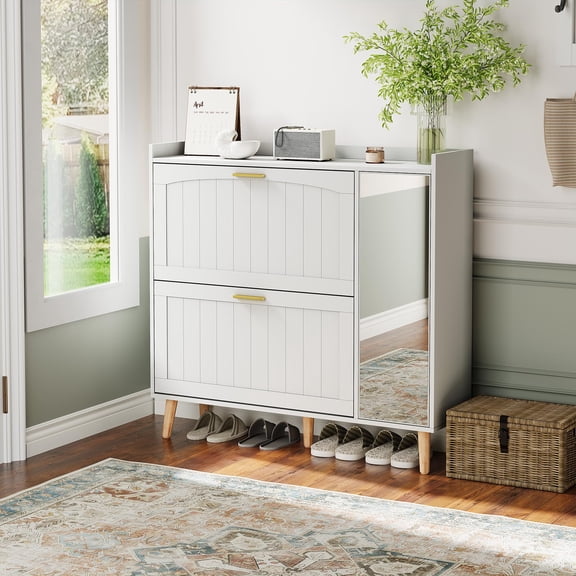 Shoe Cabinet with Mirror, 2 Flip Drawers and Side Cabinet, Wood Shoe Storage Cabinet with Adjustable Shelves, Modern Home Storage Organizer for Entryway, Bedroom, Living Room, White