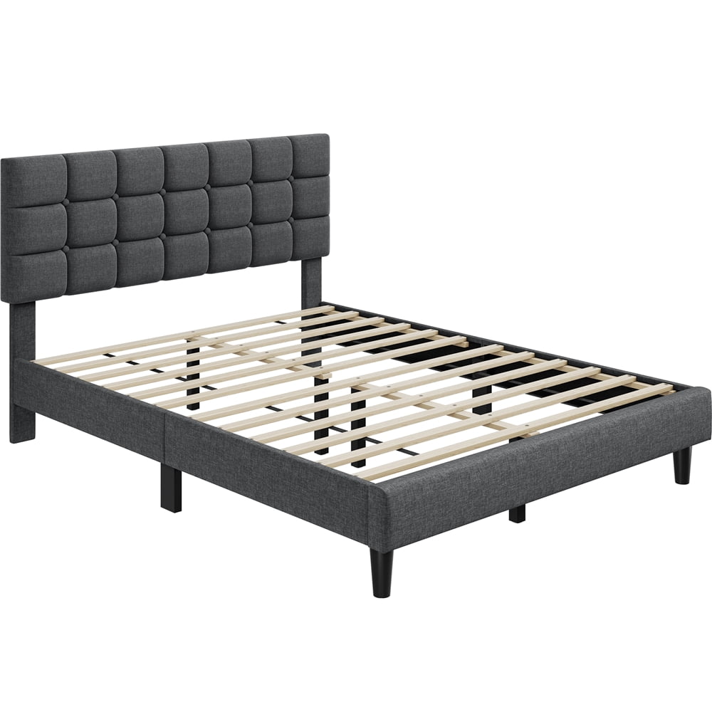 Renwick Upholstered Platform Bed with Square Tufted Headboard, Queen, Dark Gray