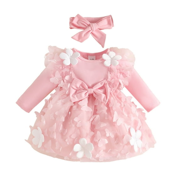 FYDUU Infant Baby Girls Long Sleeve Holiday Party Floral Dress Dance Party Dress Headbands Set Dresses Casual Sundress Vintage Halloween 0-3 Months