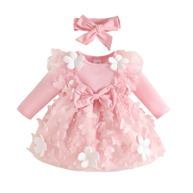 Liyamei Robe de Fête à Manches Longues pour Filles Tout-Petits Robe de Danse Florale avec Bandeaux, 12-18 Mois