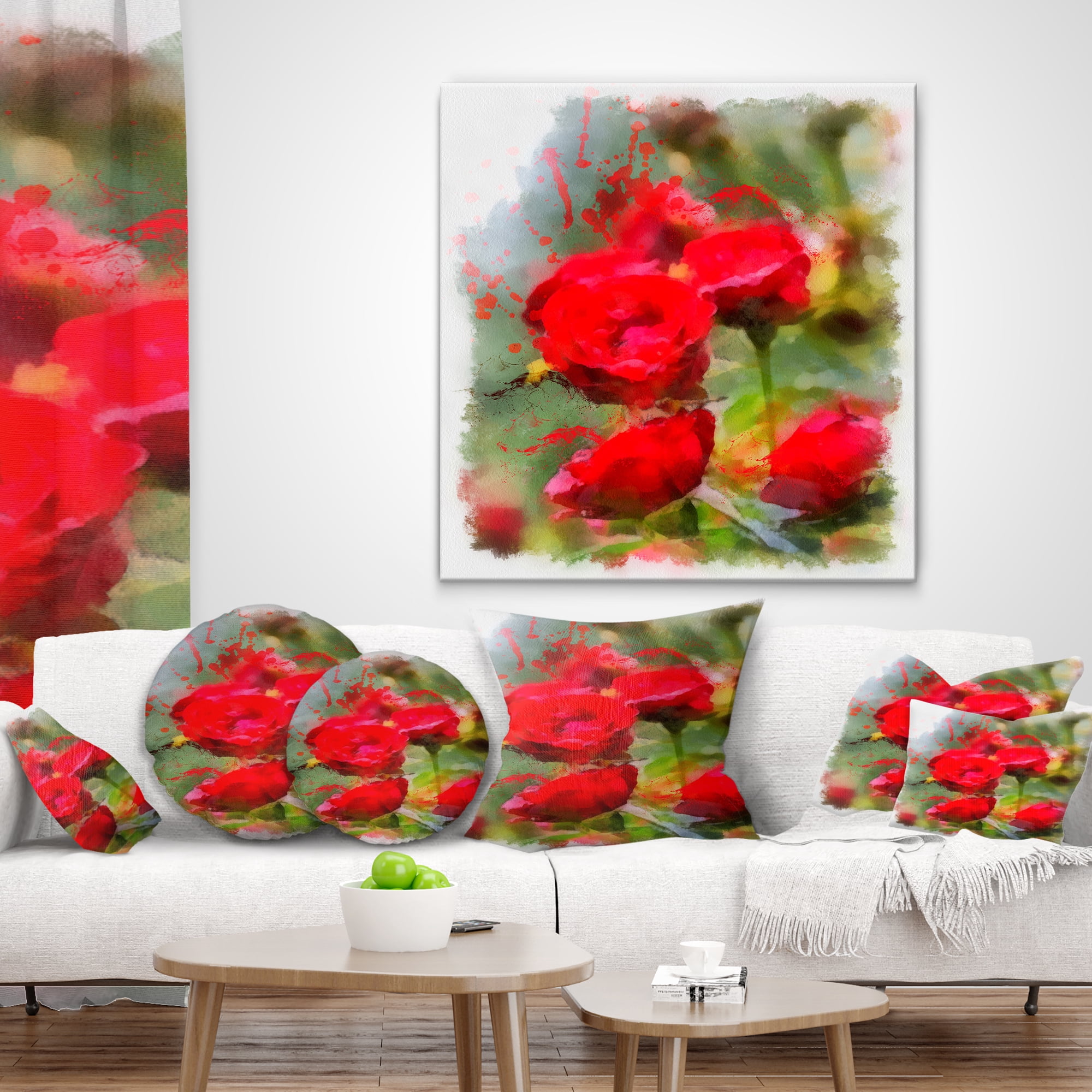 Designart Red Roses on Green Watercolor - Flower Throw Pillow - 16x16