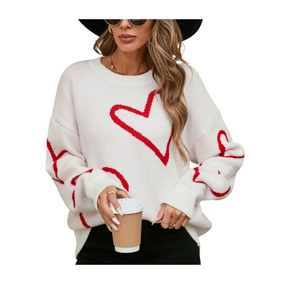 aturustex Women Comfy Valentine's Day Sweaters Long Sleeve Cozy Knitted Pullovers Casual Heart Print Jumpers Crew Neck Sweatshirts Thick Warm Basic KnCable Clothes for Fall Winter Streetwear