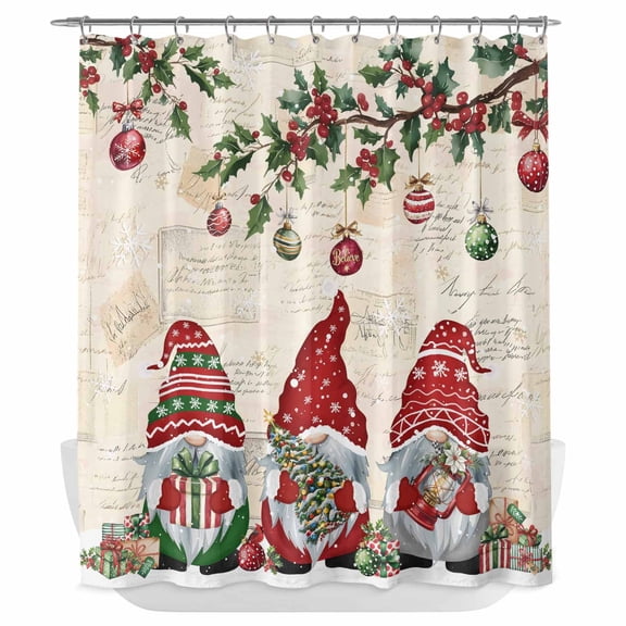 Xipuska Vintage Gnomes Christmas Shower Curtain - Water Repellent Fabric Shower Curtains Washable, Red Xmas Balls Tree Snowflake Decorative Polyester Cloth Bathroom Curtains Modern Bath Decor 66"x72"