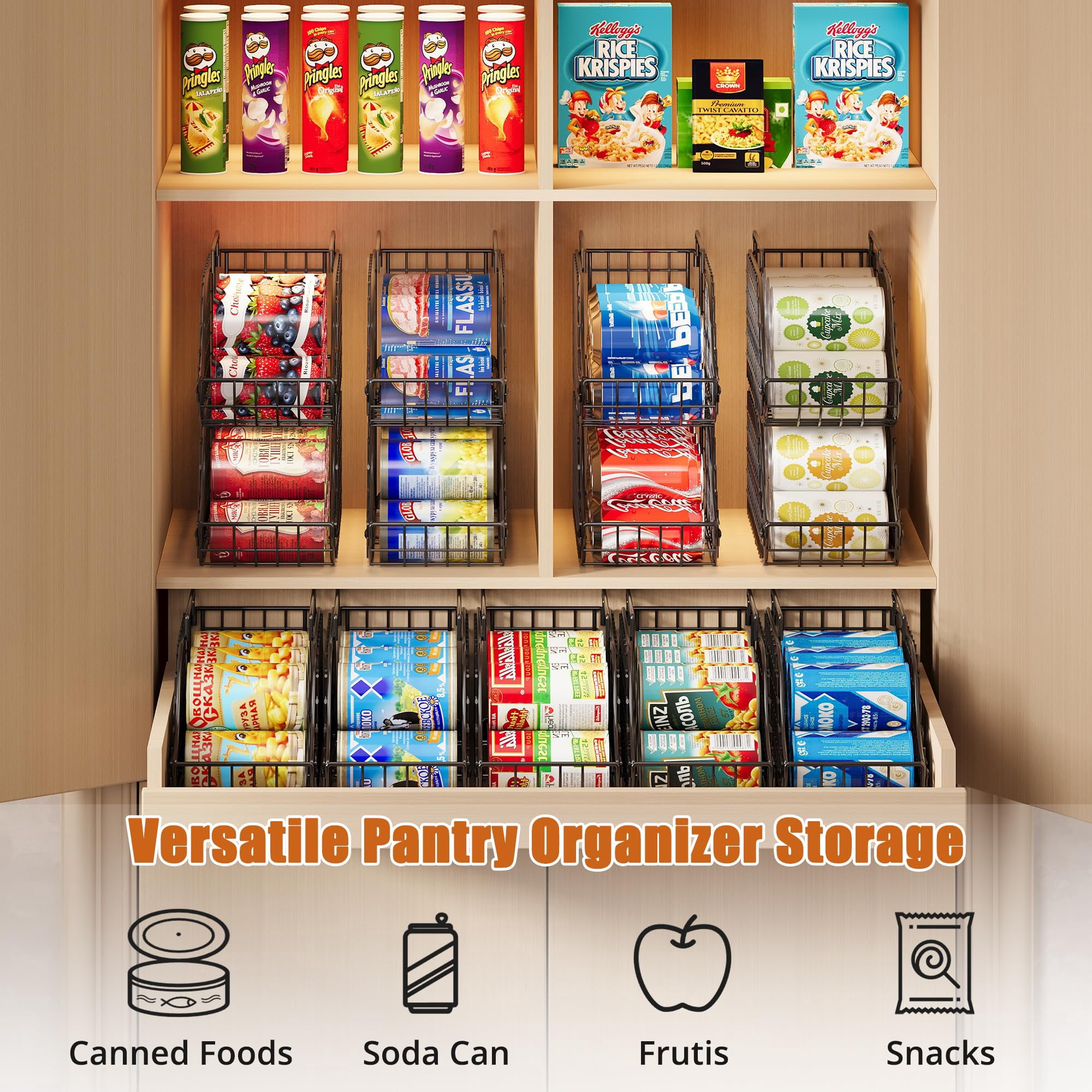 8-pack Can Organizer For Pantry  Stackable Cabinet Food Shelves Fridge Wire Cupboard Storage Holds Up To 72 Beers Small Metal Bin Drink Beverage Egg Gillas Rack Kitchen Countertops Rv