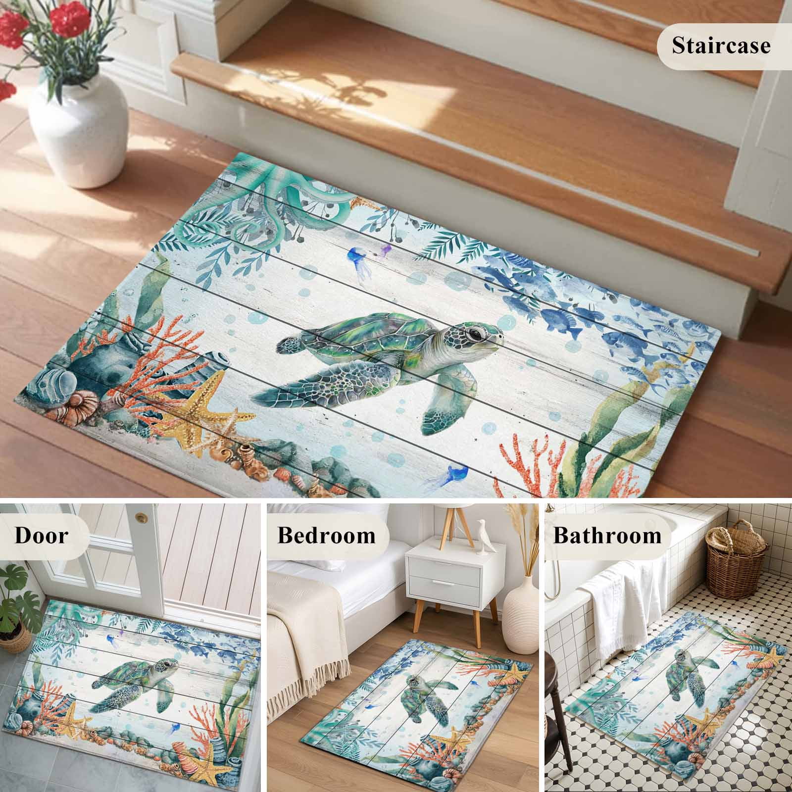 Entryway Rug 2'x3', Sea Turtle Coastal Small Rug for Kitchen Bathroom Door Mat Indoor Entrance, Summer Nautical Starfish Coral Grey Wooden Non-Slip Area Rugs Floor Mats Carpet Front Door Rugs