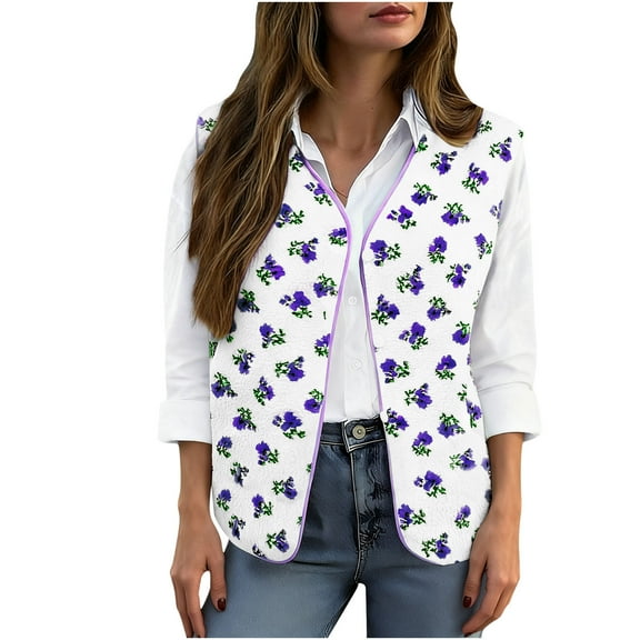 Women's Sherpa Vest Sleeveless Button Down Floral Print Open Front Fuzzy Gilet Outerwear Fall Winter Warm Cozy Loose Fit Jacket
