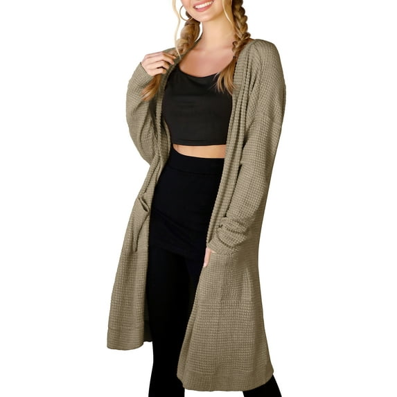 Doublju Womens Long Sleeve Open Front Waffle Casual Cardigan With Pockets