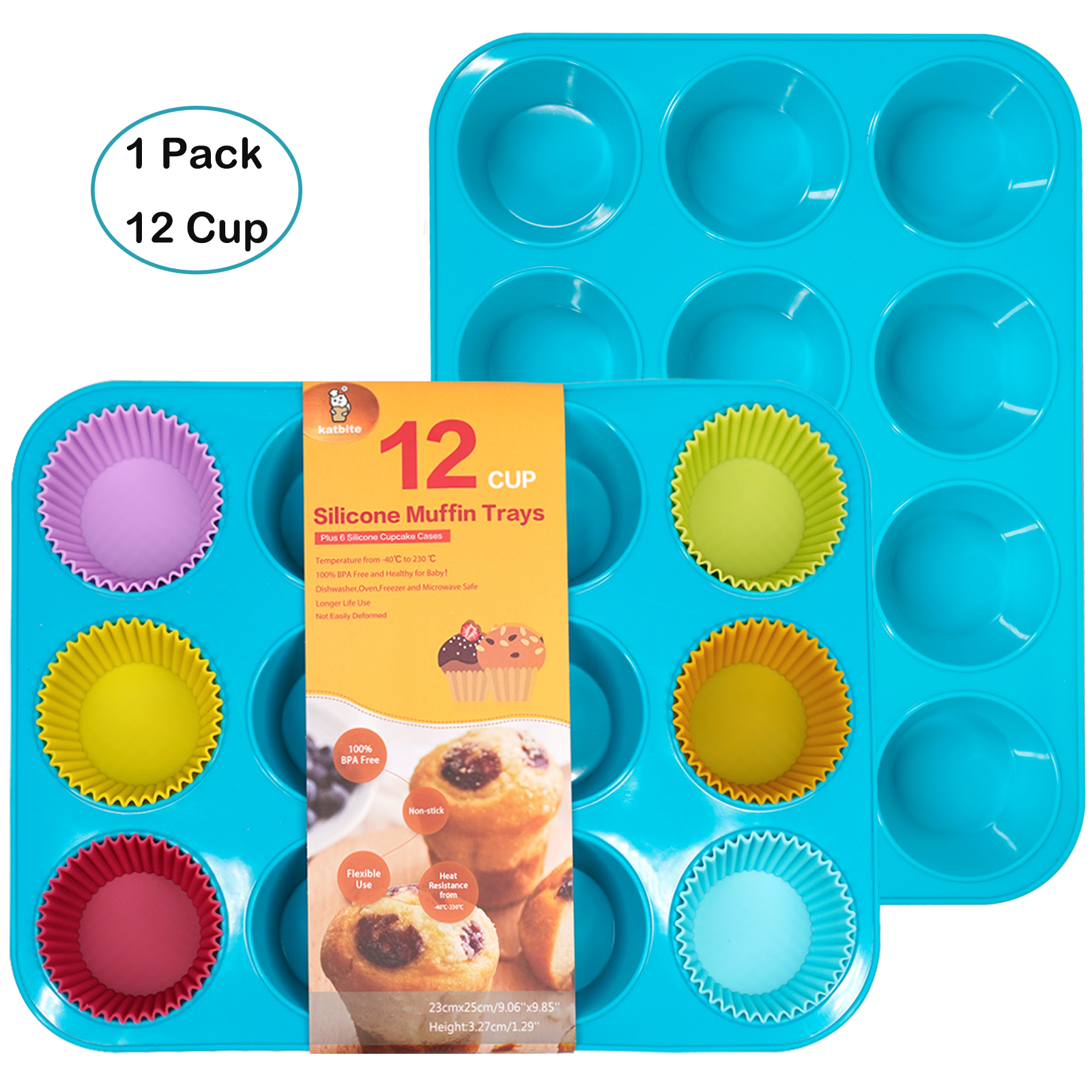 Katbite 12-Cup Silicone Muffin Pan, Blue photo 1