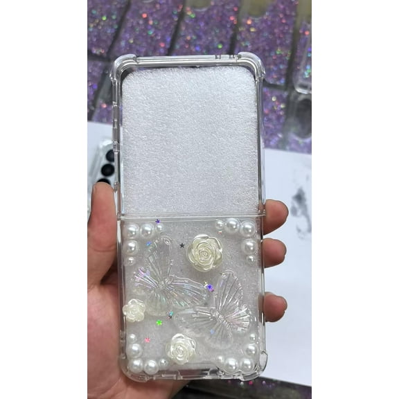 Compatible with Samsung Galaxy Z Flip 7 Case with Chain, Cute 3D Bling Crystal Clear Sparkle Butterfly Floral Pearl Women Girls Shockproof Phone Cover Soft Case Wrist Strap for Z Flip 7