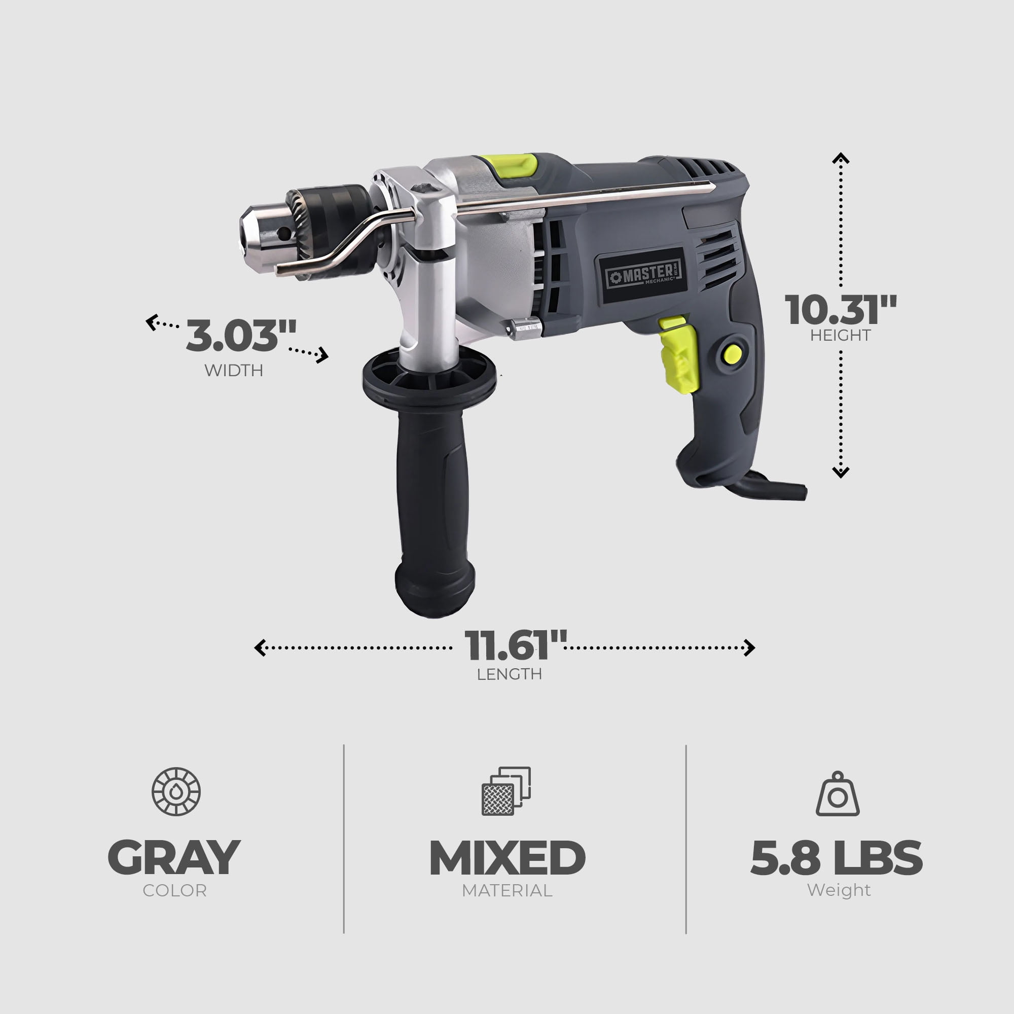 Master Mechanic 7.5 Amp 0.5” Hammer Drill w/ Soft Grip Handle & Metal Gauge