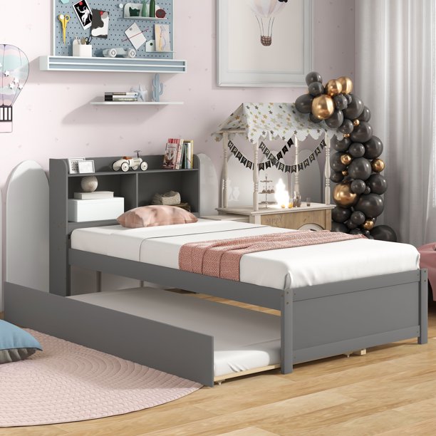 uhomepro Twin Bed with Trundle, Twin Size Platform Bed with Bookcase Headboard and Pull Out