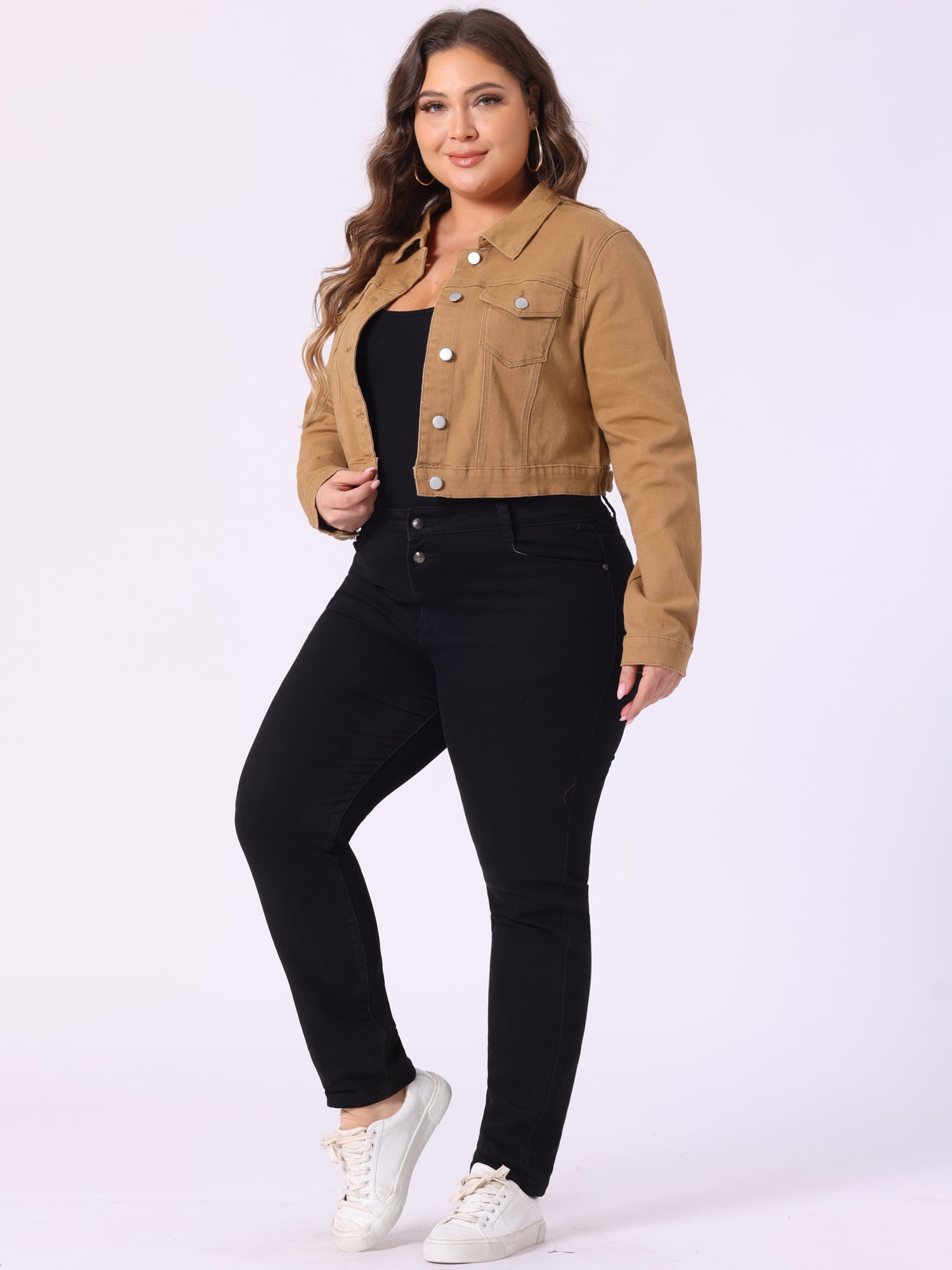 DARING DIVA Women's Plus Button Closed Cropped Denim Jacket 3X Brown