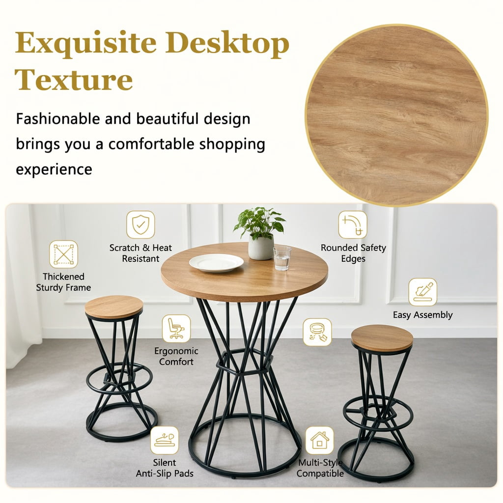Hommoo Industrial Style 31.5-inch Wood Grain Bar Set, Metal Frame Round Table & 2 Matching Bar Stools for Kitchen Island, Small Apartment, or Home Bar, Natural & Black