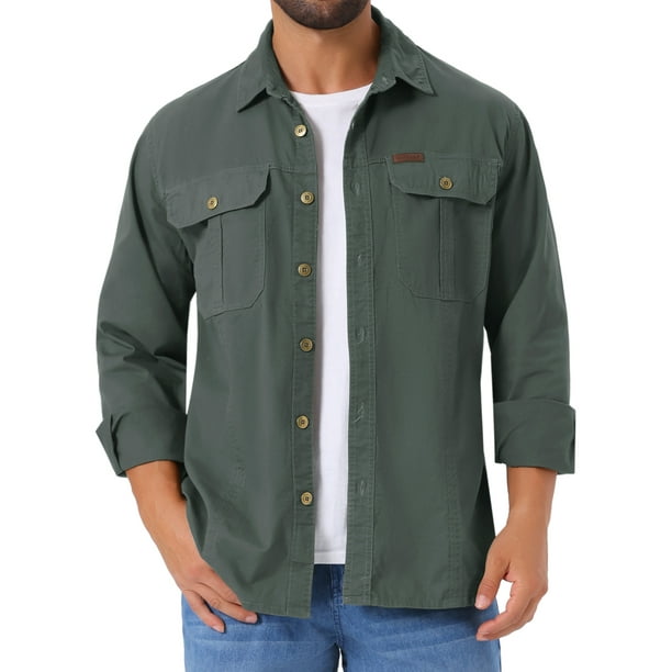INSPIRAR CHIC Camisas de Trabajo Casual para Hombre de Manga Larga con Botones y Bolsillos para Pesca y Senderismo XL Gris