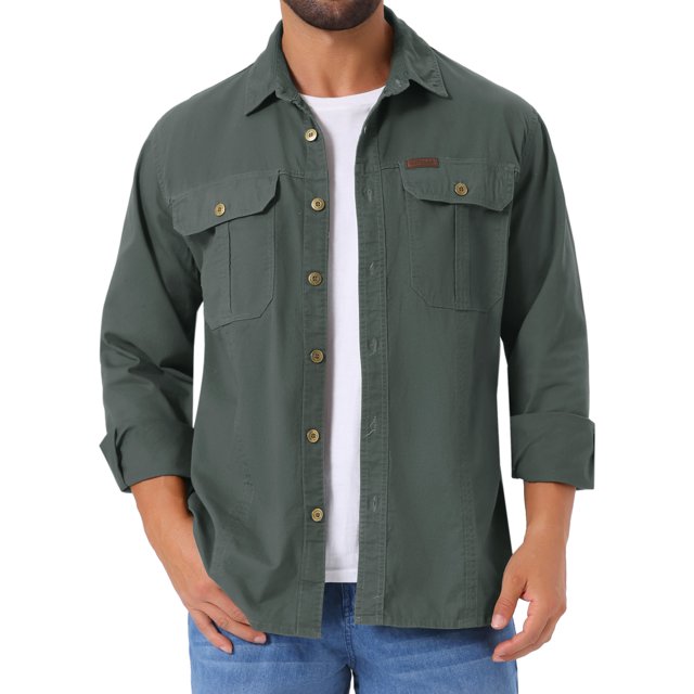 INSPIRAR CHIC Camisas de Trabajo Casual para Hombre de Manga Larga con Botones y Bolsillos para Pesca y Senderismo XL Gris