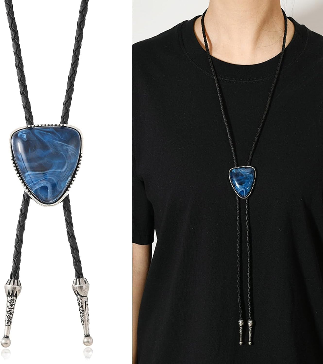 Vintage Triangular Stone Quality Bolotie Western Costume Accessory for Men and Women Braided Leather Cord Necktie Necklace[q820]